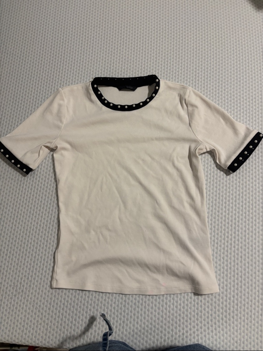 Zara Short Sleeve Top with Black Studded Trim